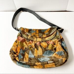 VINTAGE Velvet Brown Multi Patch Pattern Flap Close Shoulder Purse